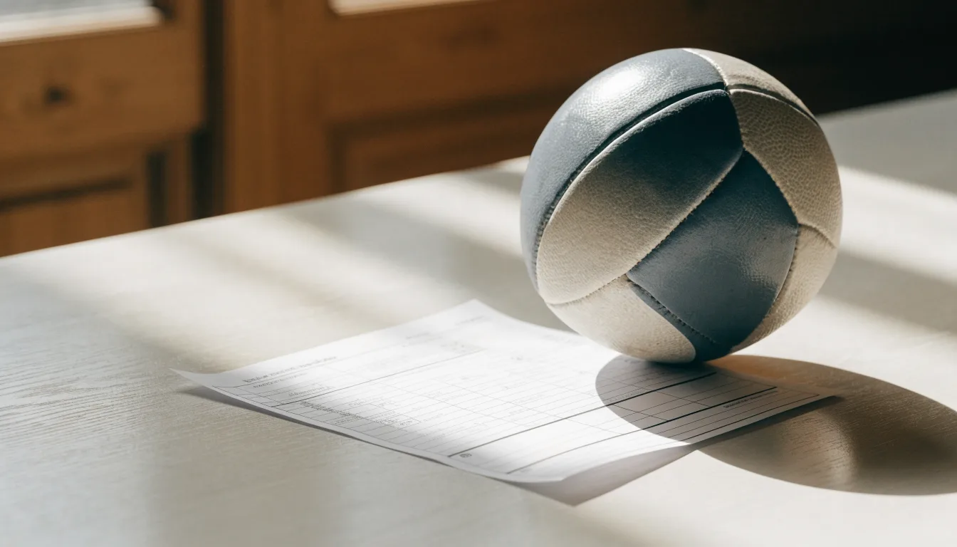 Uma bola de futebol pousada sobre um talão de apostas em branco numa mesa de madeira, à luz do dia