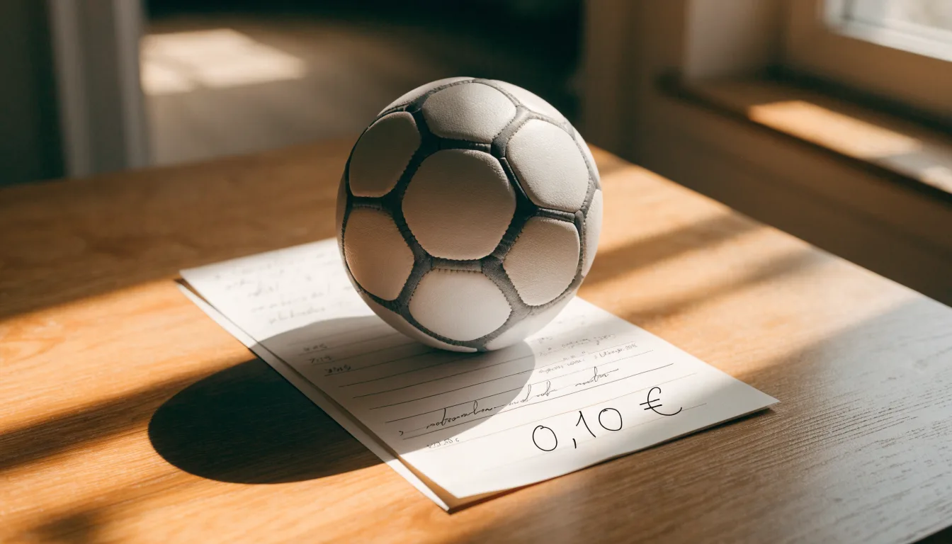 Uma bola de futebol pousada sobre um talão de apostas em branco numa mesa de madeira, à luz do dia