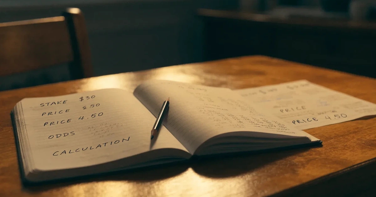Um caderno aberto com cotas escritas à mão, uma calculadora e um lápis sobre uma mesa de madeira