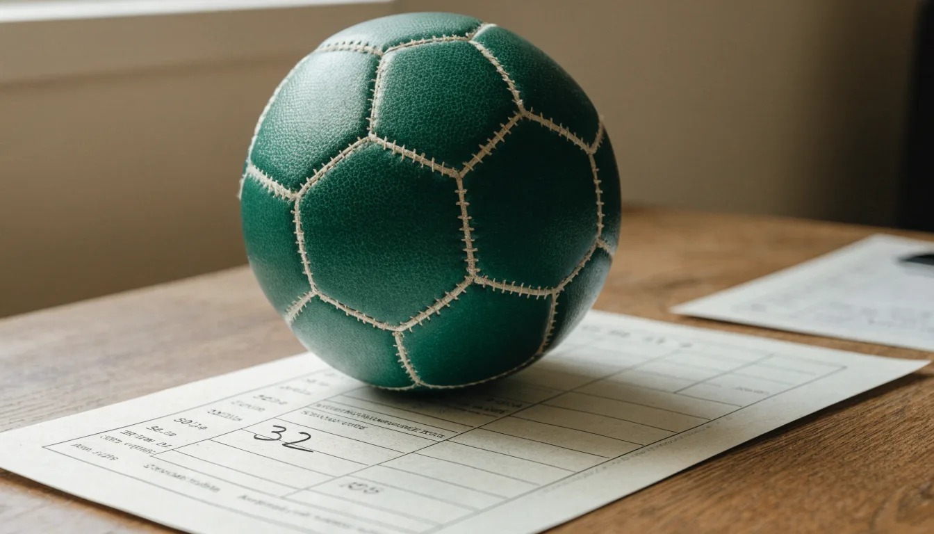Uma bola de futebol pousada sobre um talão de apostas em branco numa mesa de madeira, à luz do dia