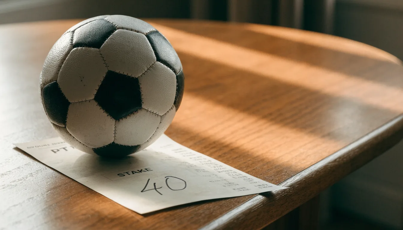 Uma bola de futebol pousada sobre um talão de apostas em branco numa mesa de madeira, à luz do dia