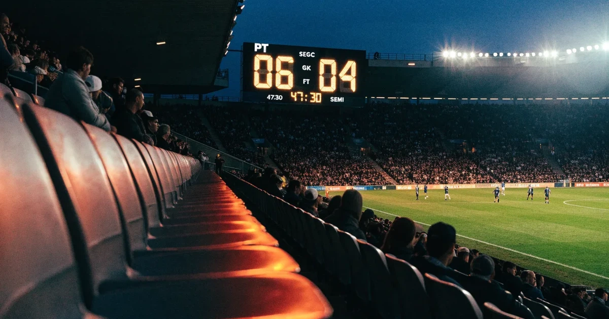 Um marcador eletrónico de um estádio com o resultado a meio da segunda parte, visto das bancadas