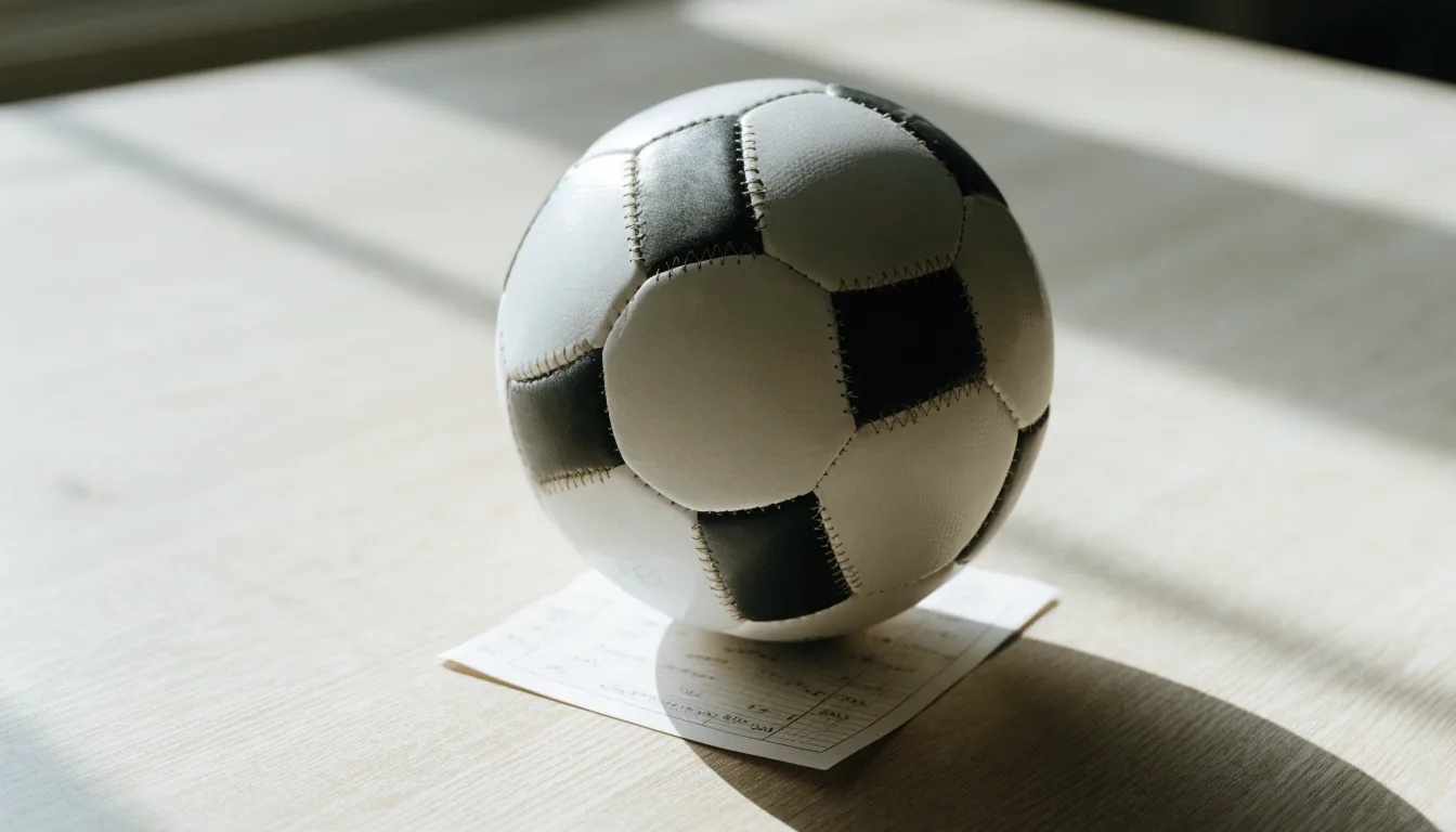 Uma bola de futebol pousada sobre um talão de apostas em branco numa mesa de madeira, à luz do dia