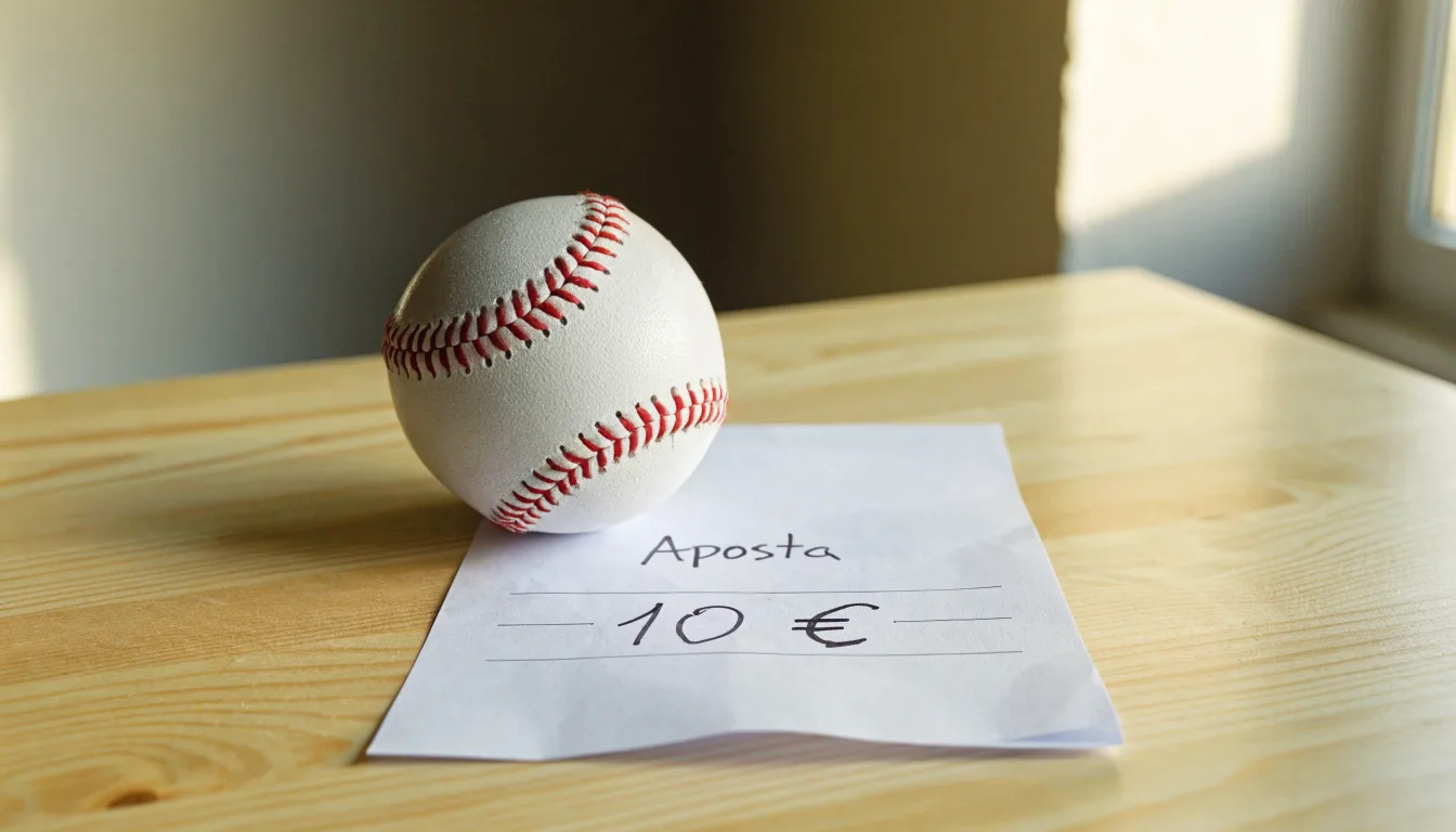 Uma bola de futebol pousada sobre um talão de apostas em branco numa mesa de madeira, à luz do dia