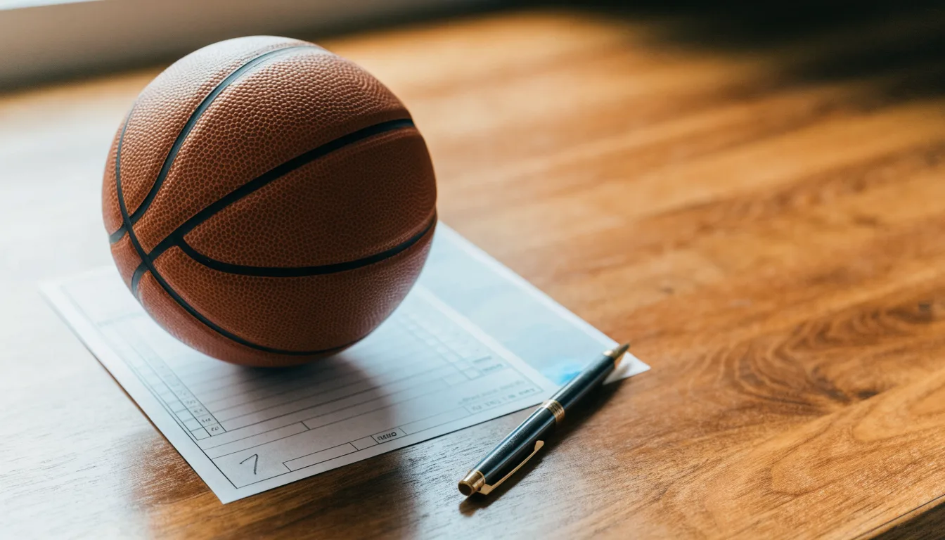 Uma bola de futebol pousada sobre um talão de apostas em branco numa mesa de madeira, à luz do dia