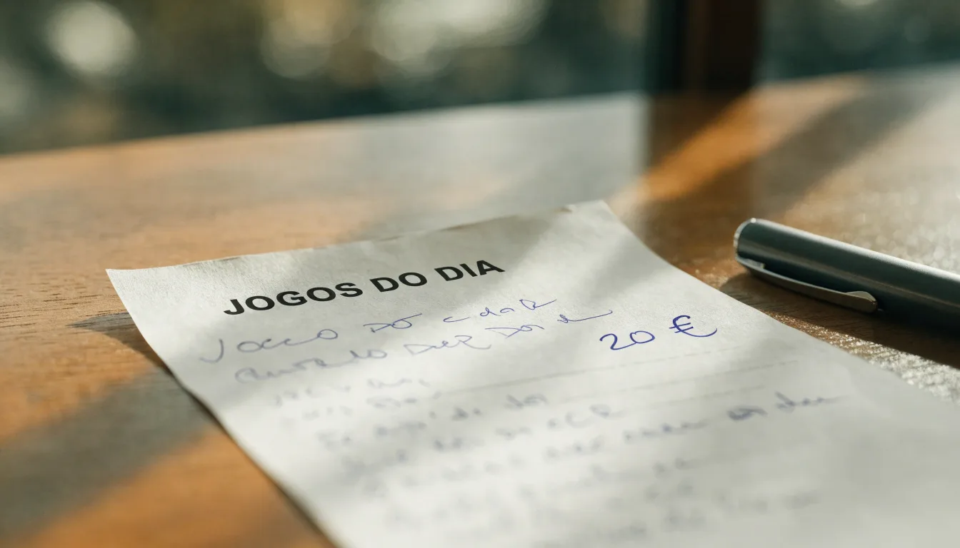 Uma bola de futebol pousada sobre um talão de apostas em branco numa mesa de madeira, à luz do dia