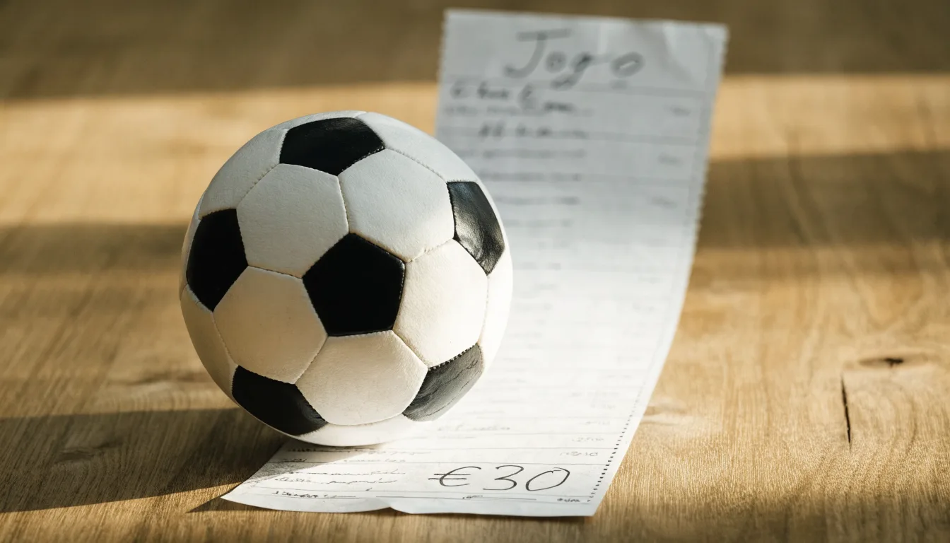 Uma bola de futebol pousada sobre um talão de apostas em branco numa mesa de madeira, à luz do dia