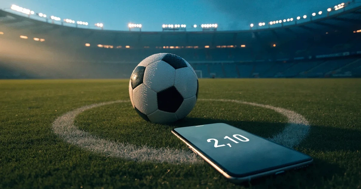 Uma bola de futebol no ponto central de um relvado, à luz da manhã