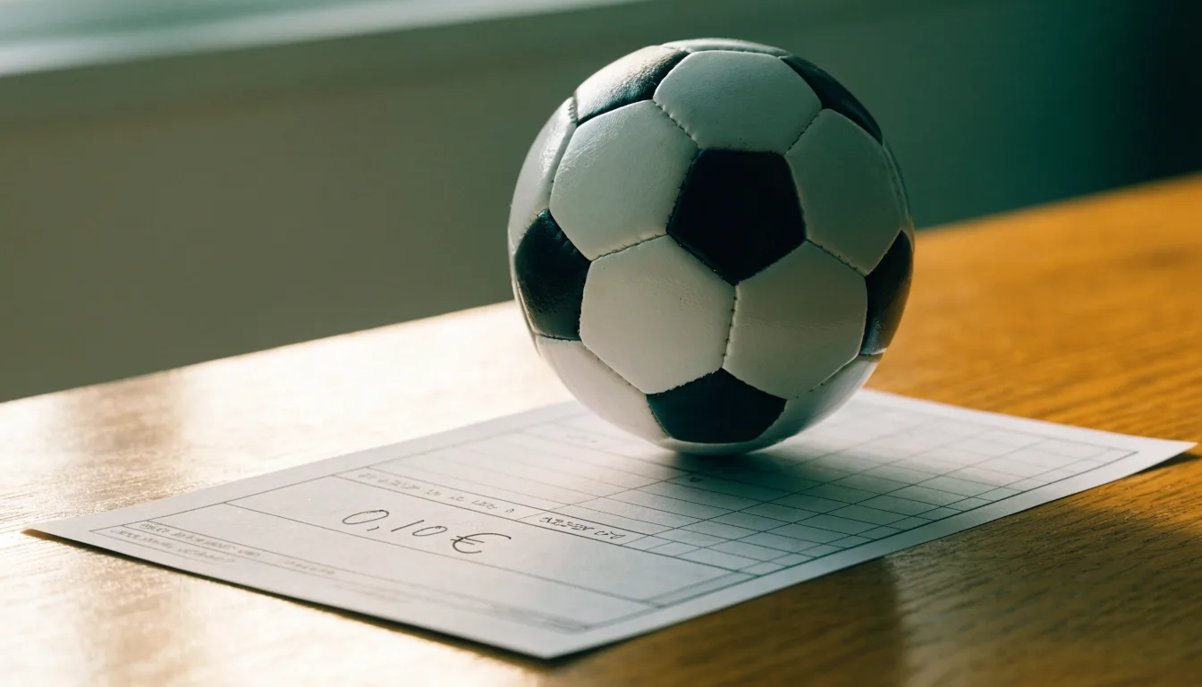 Uma bola de futebol pousada sobre um talão de apostas em branco numa mesa de madeira, à luz do dia