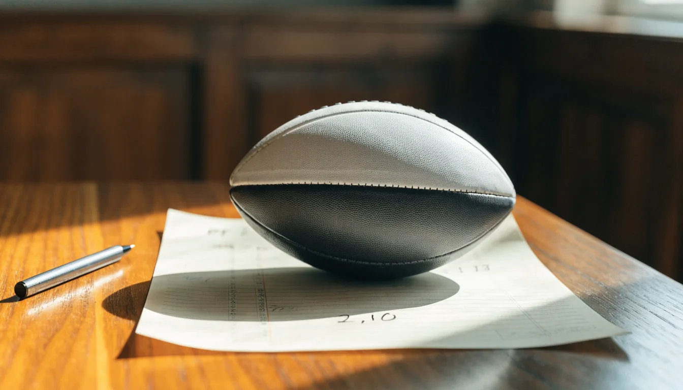 Uma bola de futebol pousada sobre um talão de apostas em branco numa mesa de madeira, à luz do dia