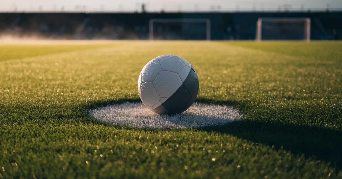 Uma bola de futebol no ponto central de um relvado, à luz da manhã