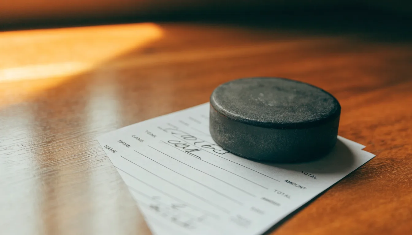 Uma bola de futebol pousada sobre um talão de apostas em branco numa mesa de madeira, à luz do dia
