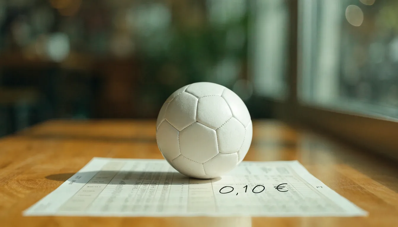 Uma bola de futebol pousada sobre um talão de apostas em branco numa mesa de madeira, à luz do dia