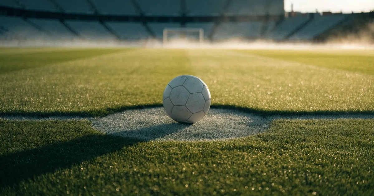 Uma bola de futebol no ponto central de um relvado, à luz da manhã