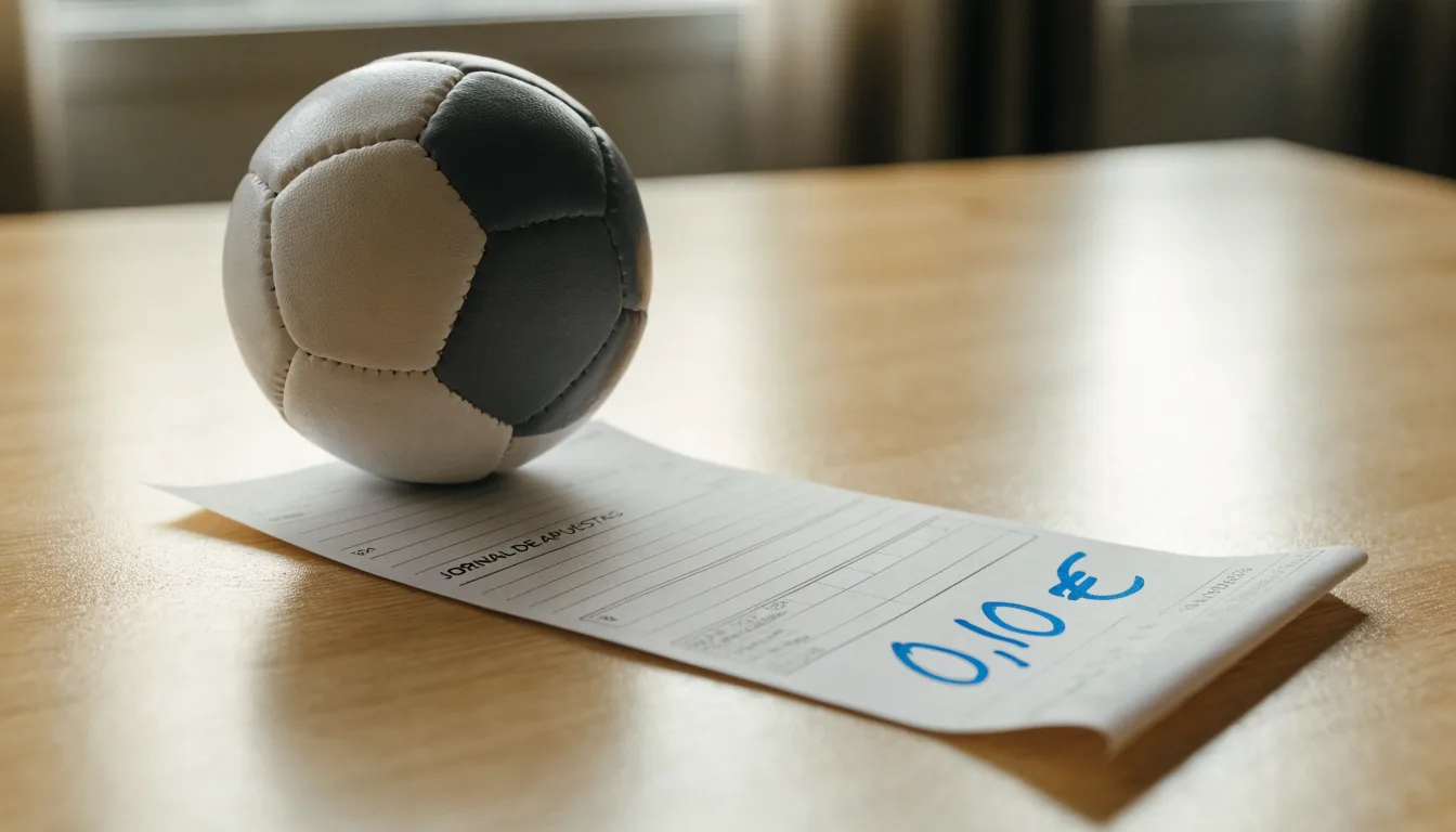 Uma bola de futebol pousada sobre um talão de apostas em branco numa mesa de madeira, à luz do dia