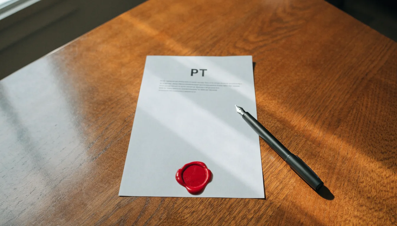 Uma folha de licença em papel com um selo vermelho, pousada numa secretária de madeira ao lado de uma caneta