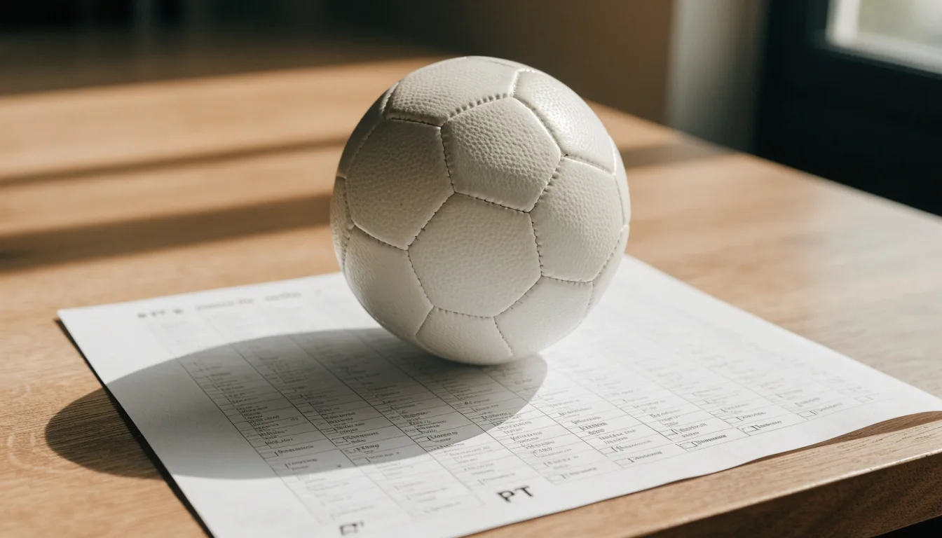 Uma bola de futebol pousada sobre um talão de apostas em branco numa mesa de madeira, à luz do dia