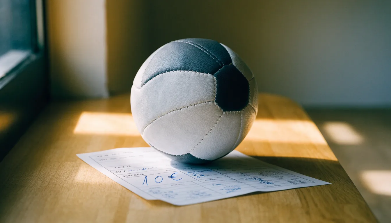 Uma bola de futebol pousada sobre um talão de apostas em branco numa mesa de madeira, à luz do dia