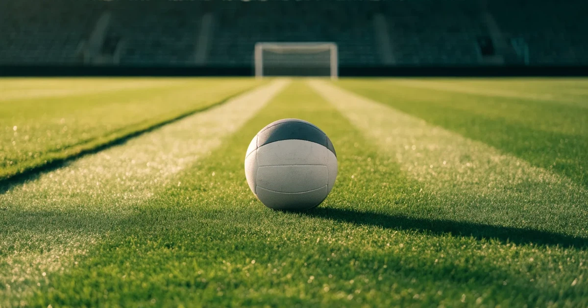 Uma bola de futebol no ponto central de um relvado, à luz da manhã