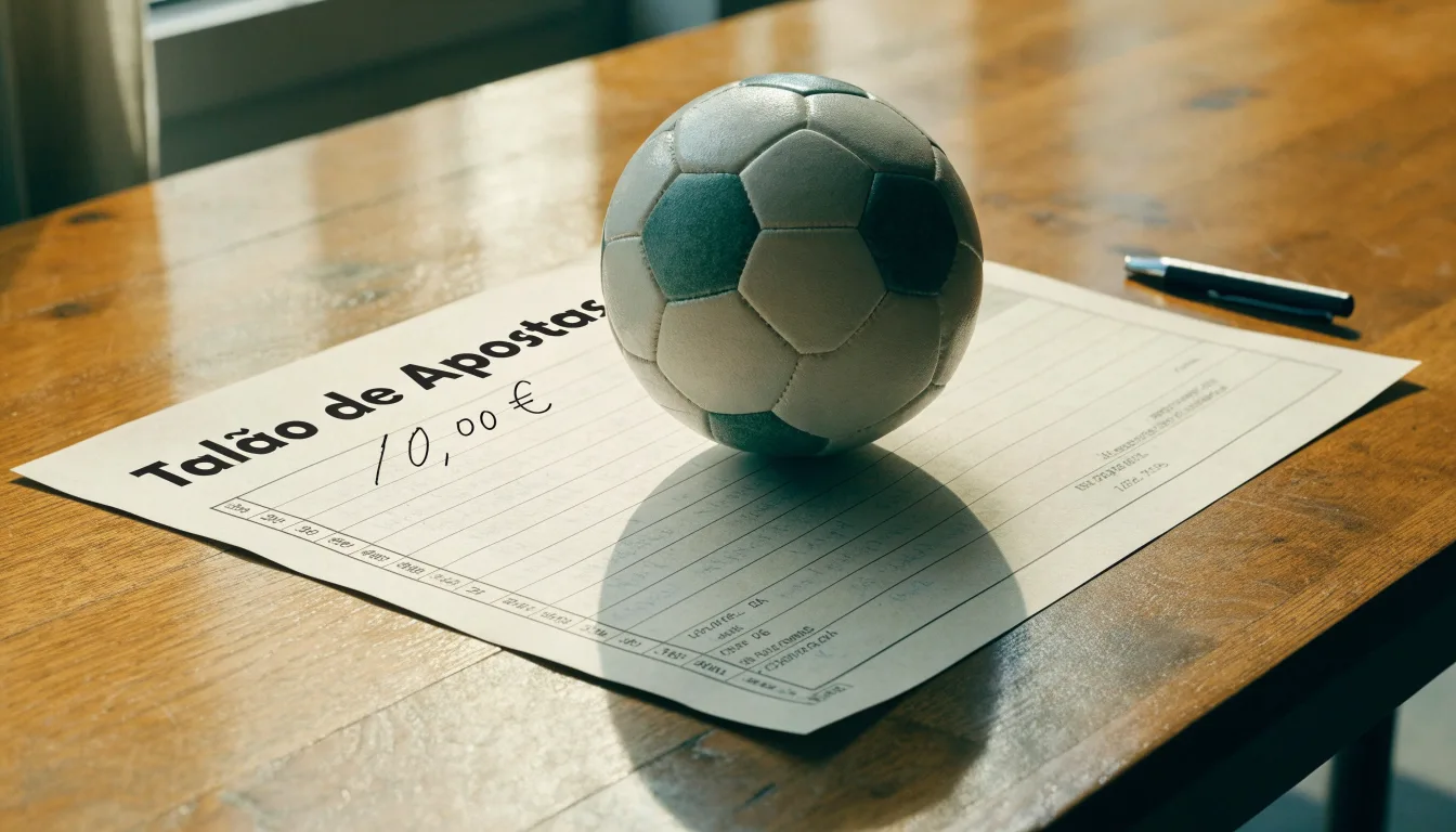 Uma bola de futebol pousada sobre um talão de apostas em branco numa mesa de madeira, à luz do dia