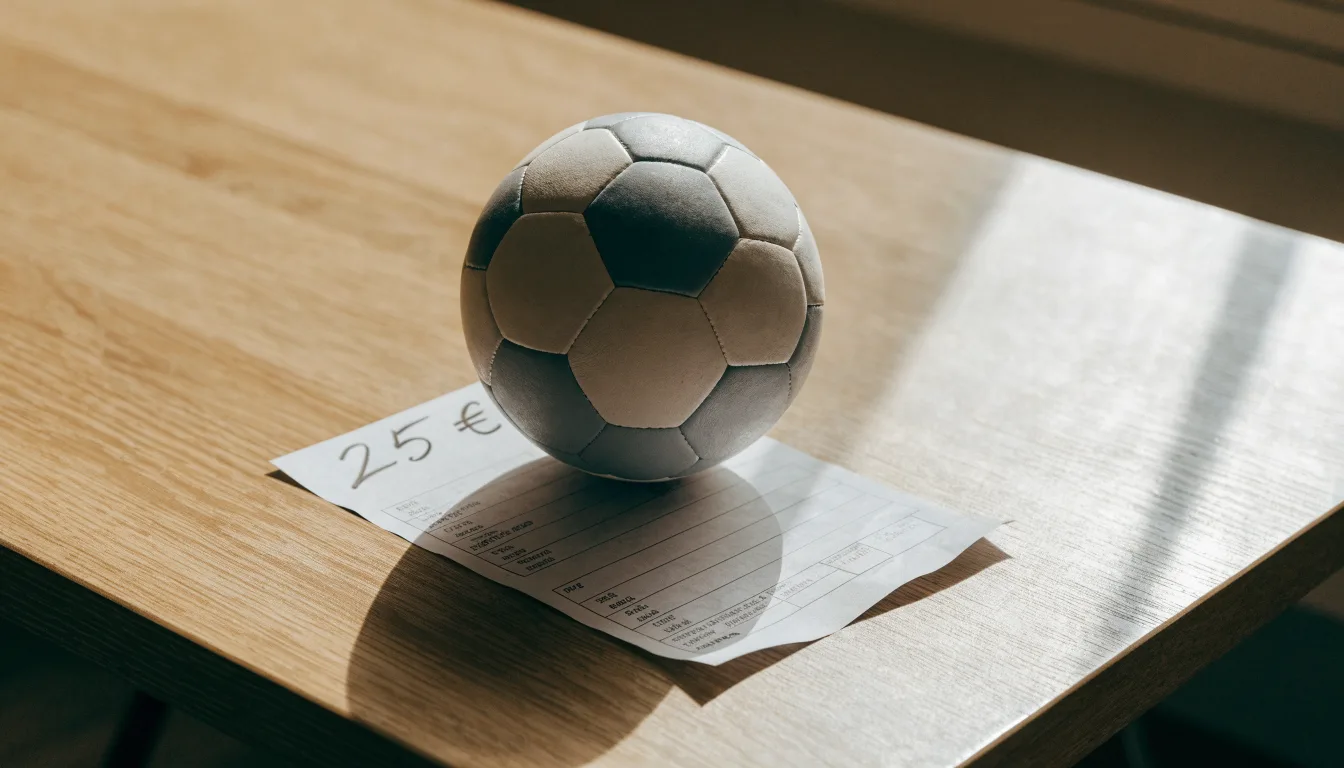 Uma bola de futebol pousada sobre um talão de apostas em branco numa mesa de madeira, à luz do dia