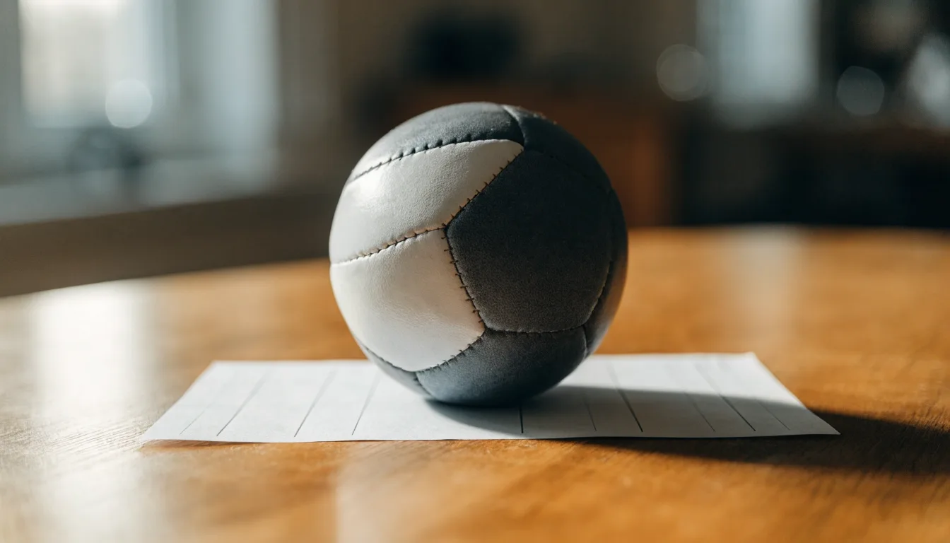 Uma bola de futebol pousada sobre um talão de apostas em branco numa mesa de madeira, à luz do dia