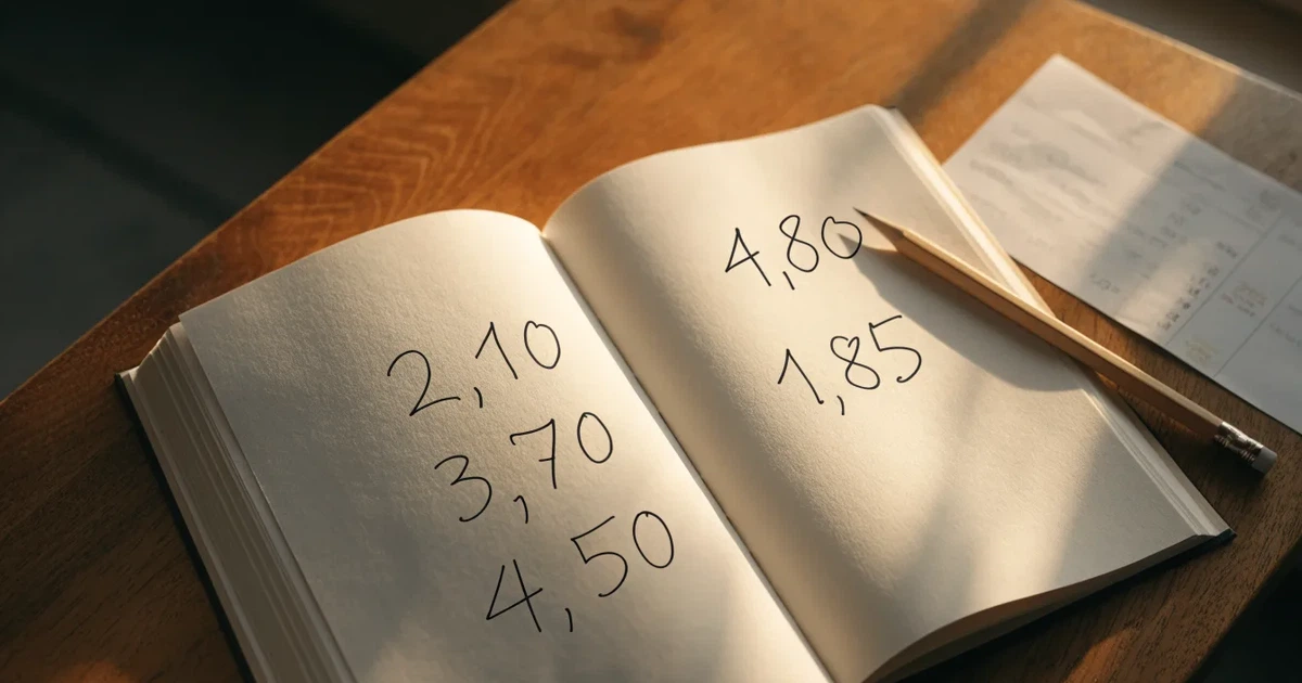 Um caderno aberto com cotas escritas à mão, uma calculadora e um lápis sobre uma mesa de madeira
