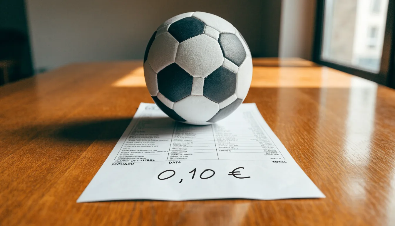 Uma bola de futebol pousada sobre um talão de apostas em branco numa mesa de madeira, à luz do dia