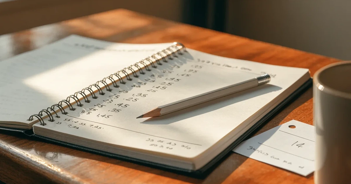 Um caderno aberto com cotas escritas à mão, uma calculadora e um lápis sobre uma mesa de madeira