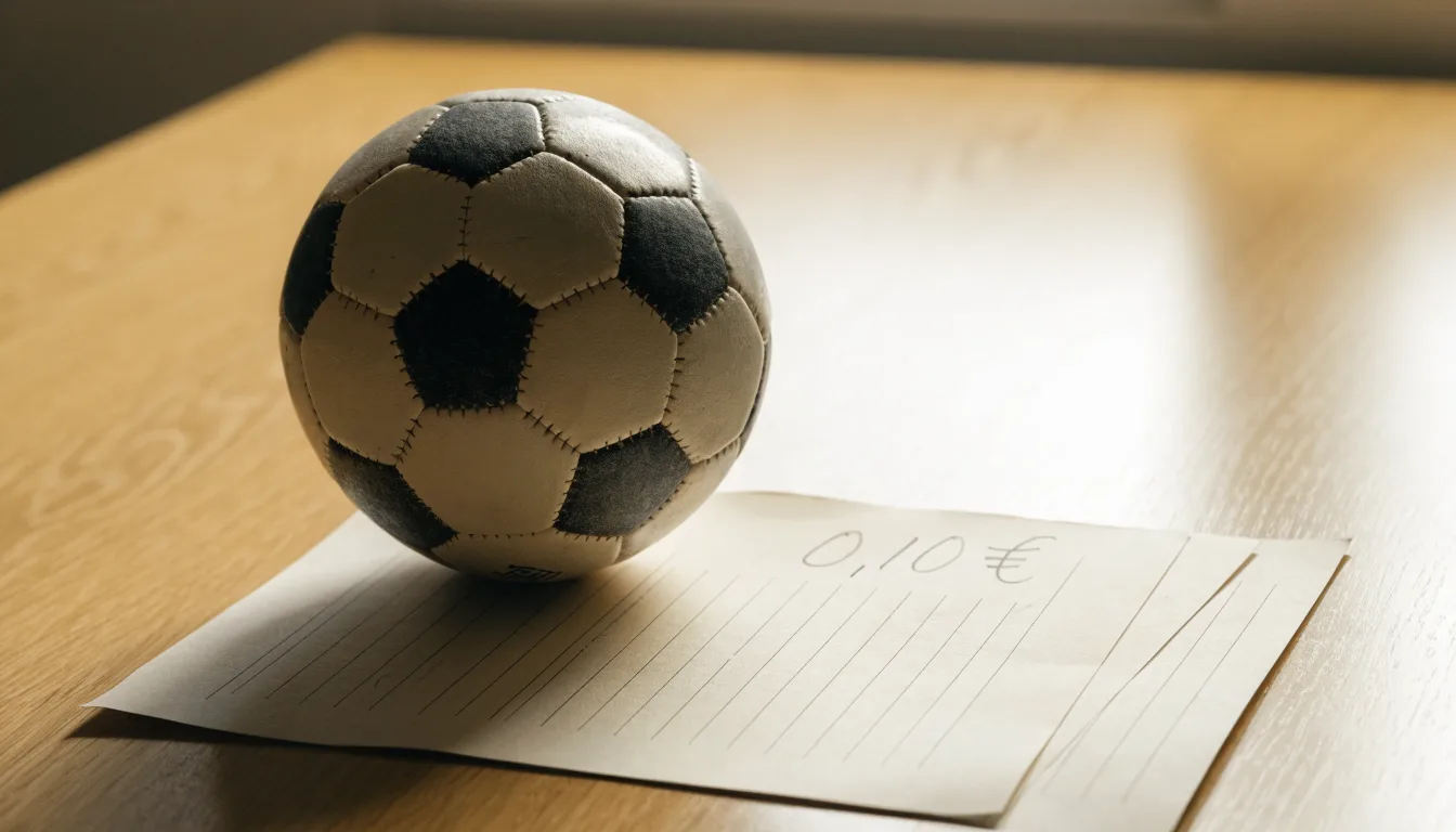 Uma bola de futebol pousada sobre um talão de apostas em branco numa mesa de madeira, à luz do dia