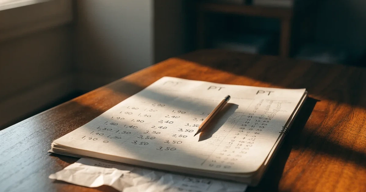 Um caderno aberto com cotas escritas à mão, uma calculadora e um lápis sobre uma mesa de madeira
