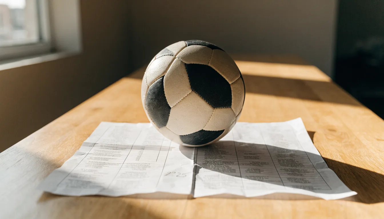 Uma bola de futebol pousada sobre um talão de apostas em branco numa mesa de madeira, à luz do dia