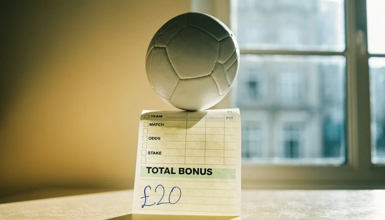 Uma bola de futebol pousada sobre um talão de apostas em branco numa mesa de madeira, à luz do dia