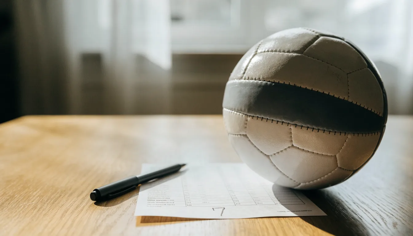 Uma bola de futebol pousada sobre um talão de apostas em branco numa mesa de madeira, à luz do dia