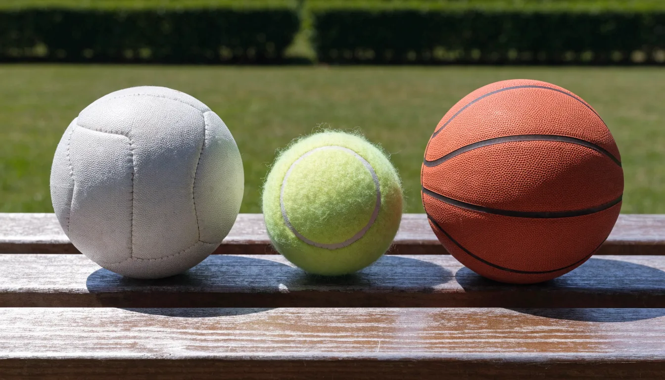 Três bolas de desportos diferentes alinhadas lado a lado num banco de madeira
