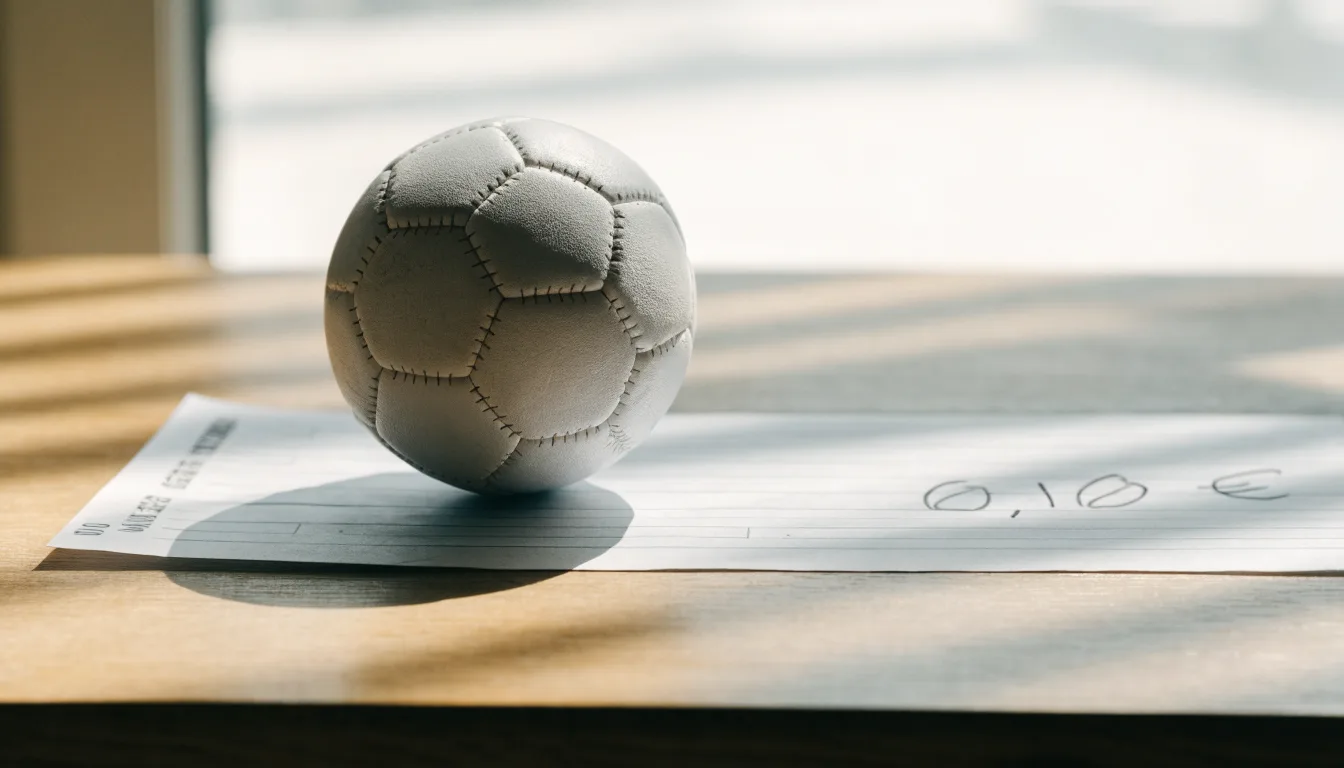 Uma bola de futebol pousada sobre um talão de apostas em branco numa mesa de madeira, à luz do dia