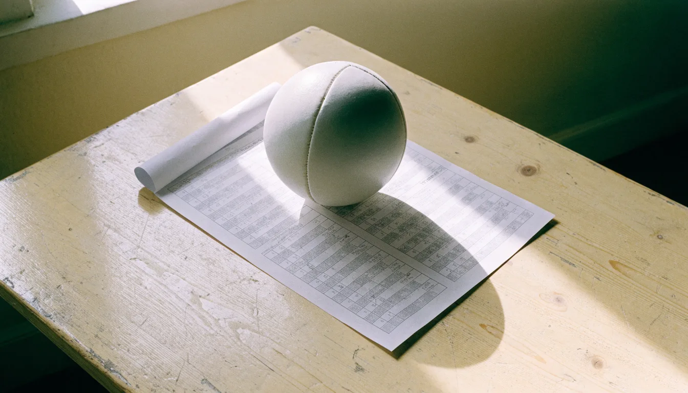 Uma bola de futebol pousada sobre um talão de apostas em branco numa mesa de madeira, à luz do dia