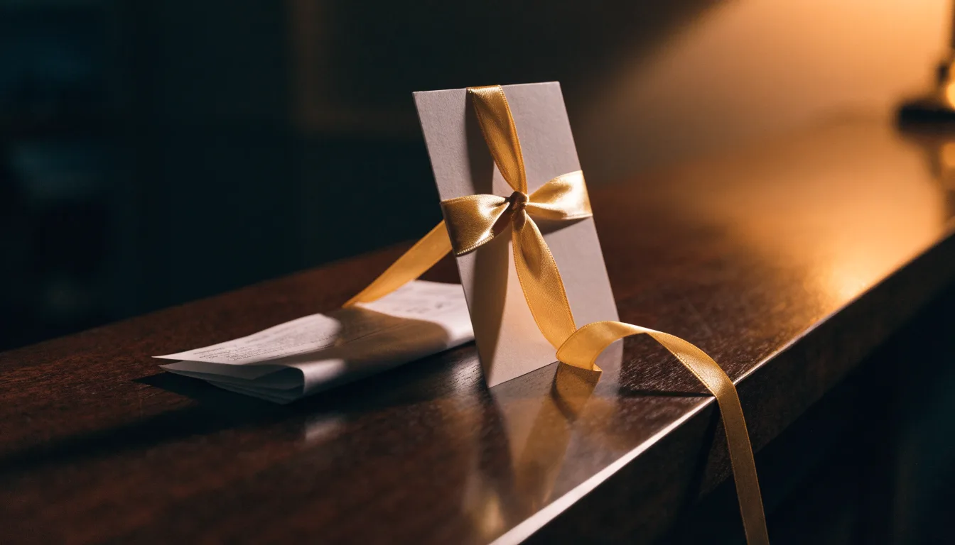 Um cartão de oferta com uma fita dourada ao lado de um talão de apostas numa bancada de madeira