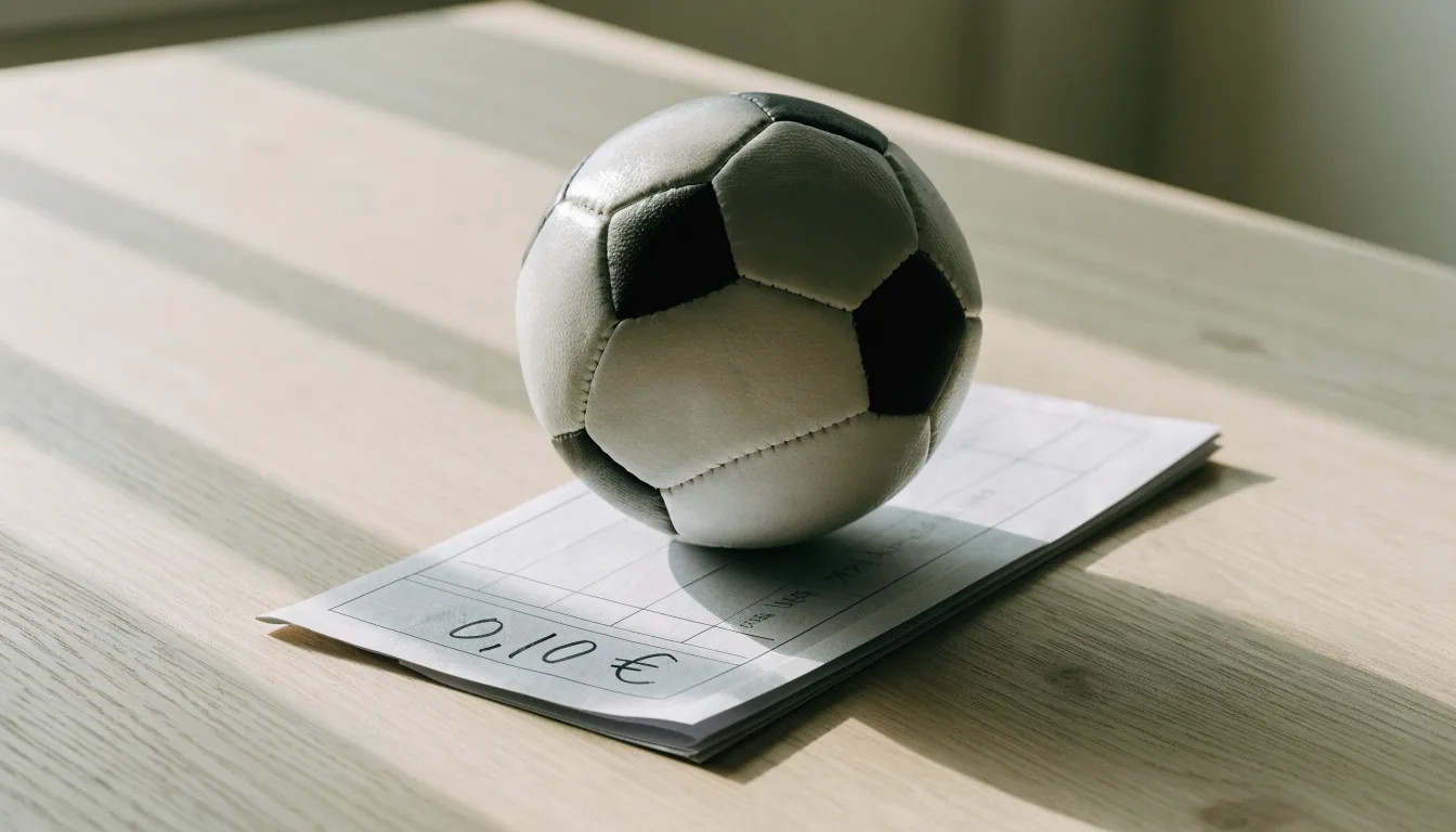 Uma bola de futebol pousada sobre um talão de apostas em branco numa mesa de madeira, à luz do dia