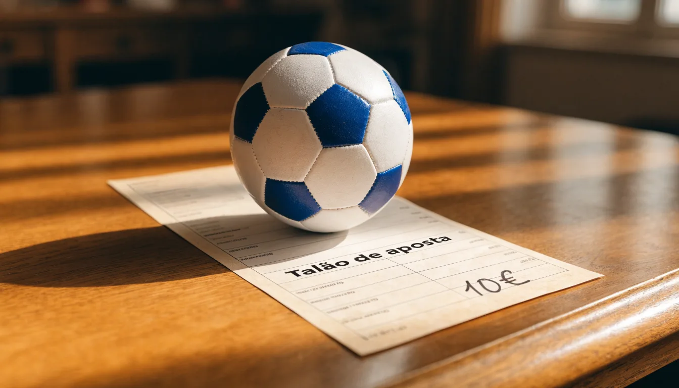 Uma bola de futebol pousada sobre um talão de apostas em branco numa mesa de madeira, à luz do dia