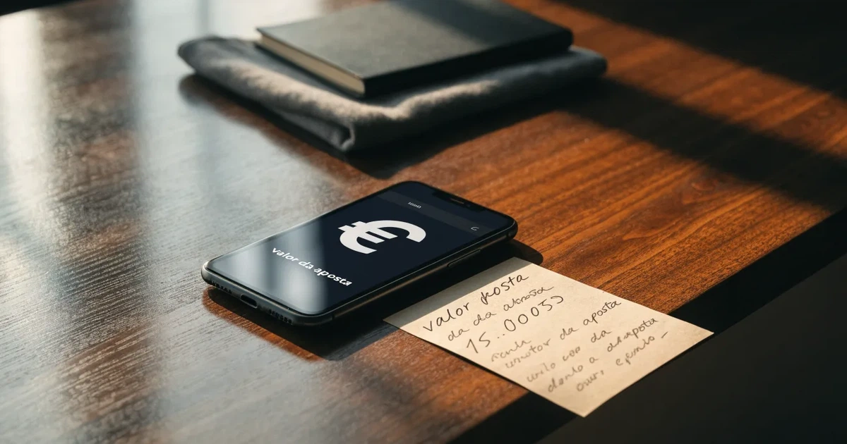 Uma moeda física de bitcoin ao lado de um telemóvel com um talão de aposta no ecrã, sobre uma mesa escura