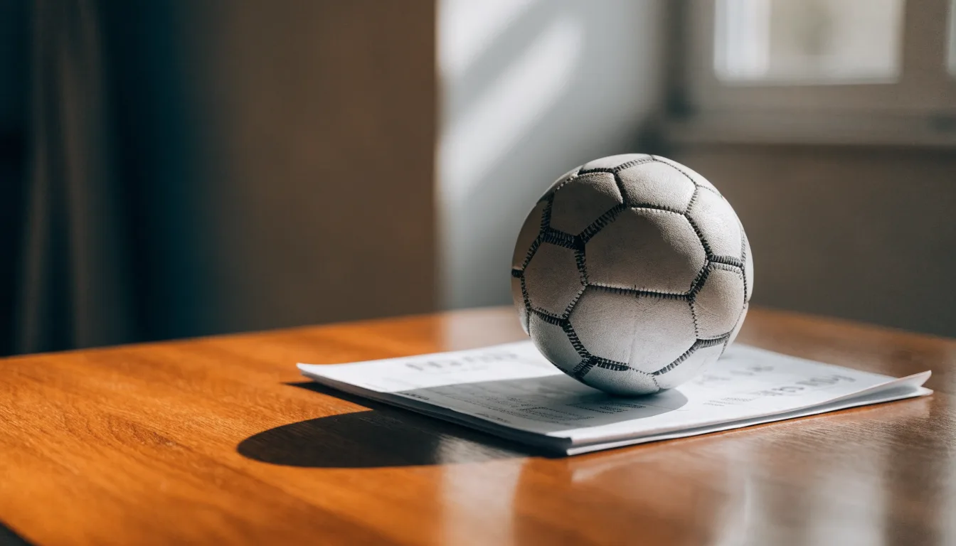 Uma bola de futebol pousada sobre um talão de apostas em branco numa mesa de madeira, à luz do dia