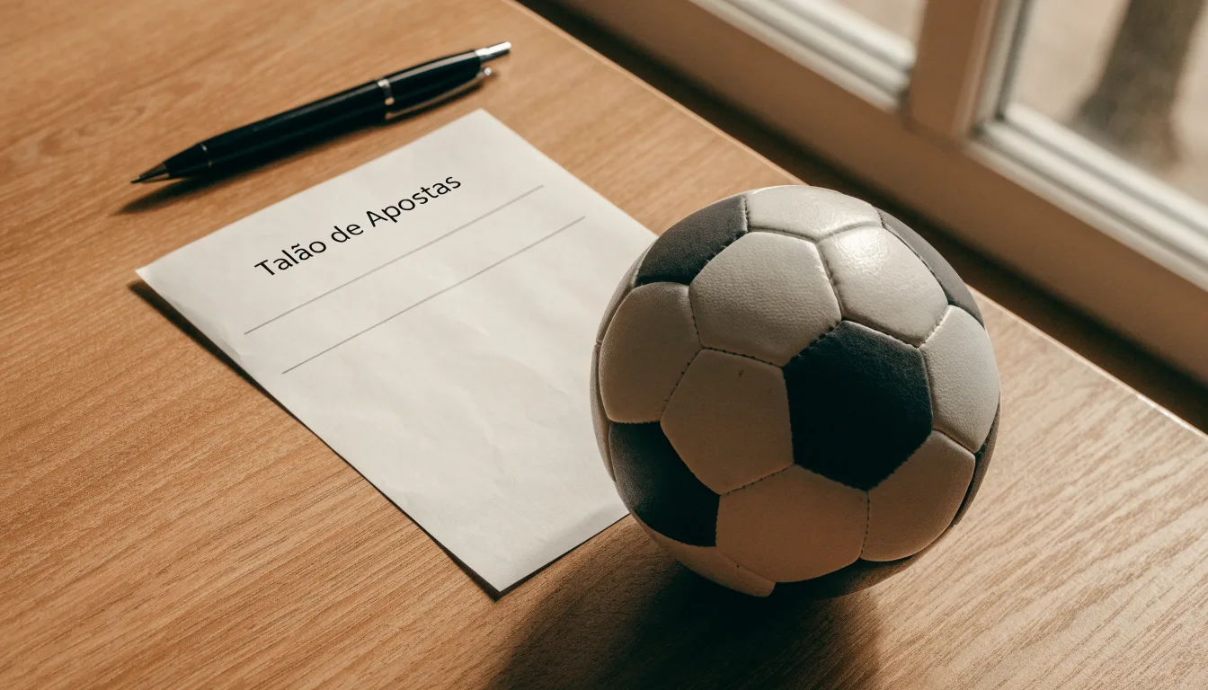 Uma bola de futebol pousada sobre um talão de apostas em branco numa mesa de madeira, à luz do dia