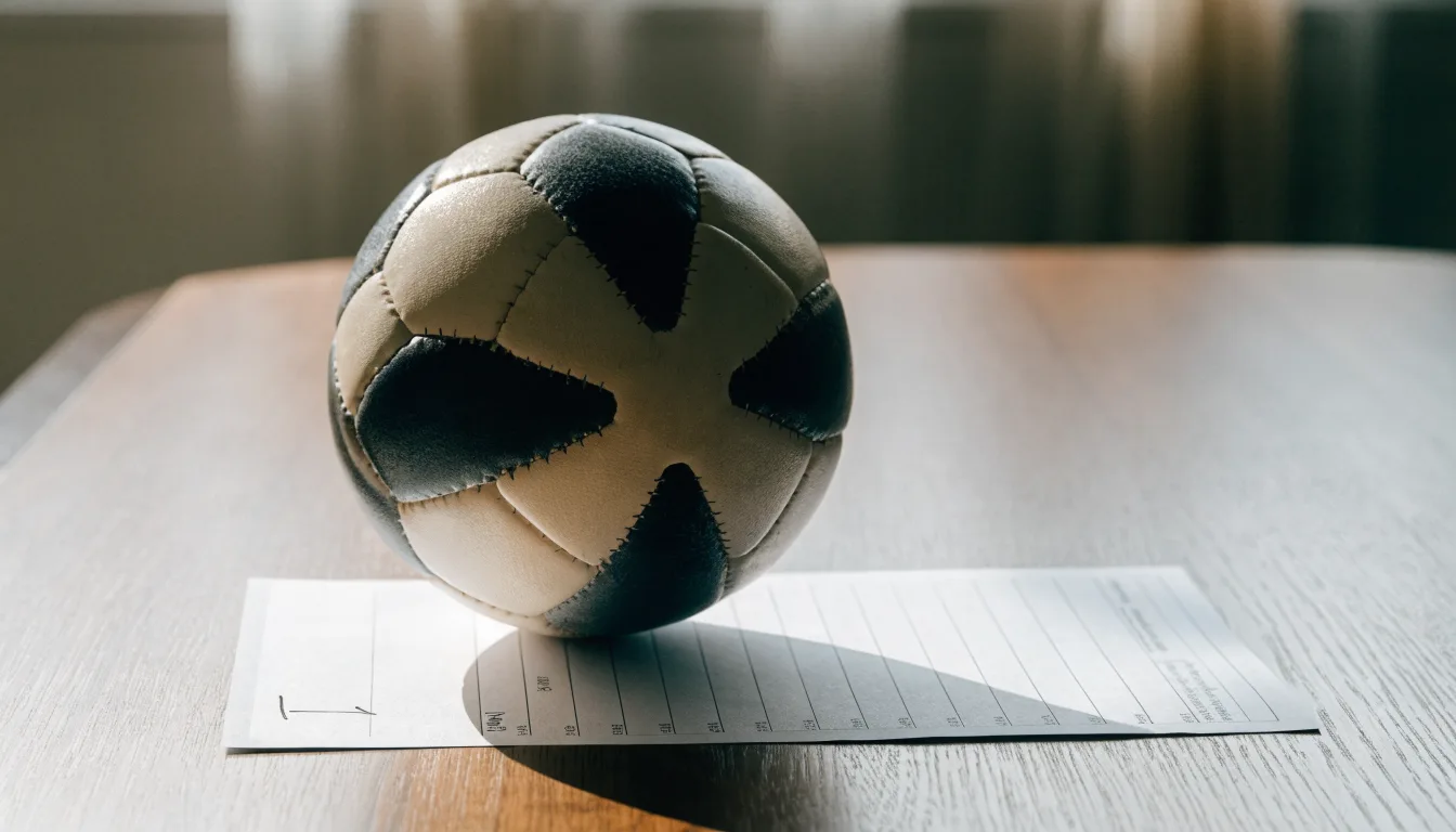 Uma bola de futebol pousada sobre um talão de apostas em branco numa mesa de madeira, à luz do dia