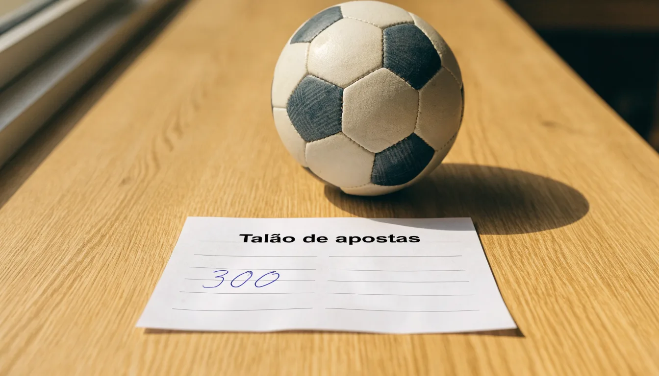 Uma bola de futebol pousada sobre um talão de apostas em branco numa mesa de madeira, à luz do dia
