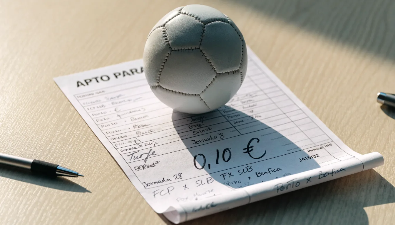 Uma bola de futebol pousada sobre um talão de apostas em branco numa mesa de madeira, à luz do dia