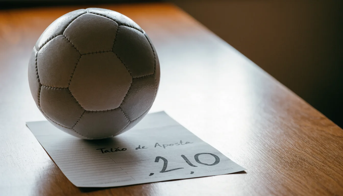 Uma bola de futebol pousada sobre um talão de apostas em branco numa mesa de madeira, à luz do dia
